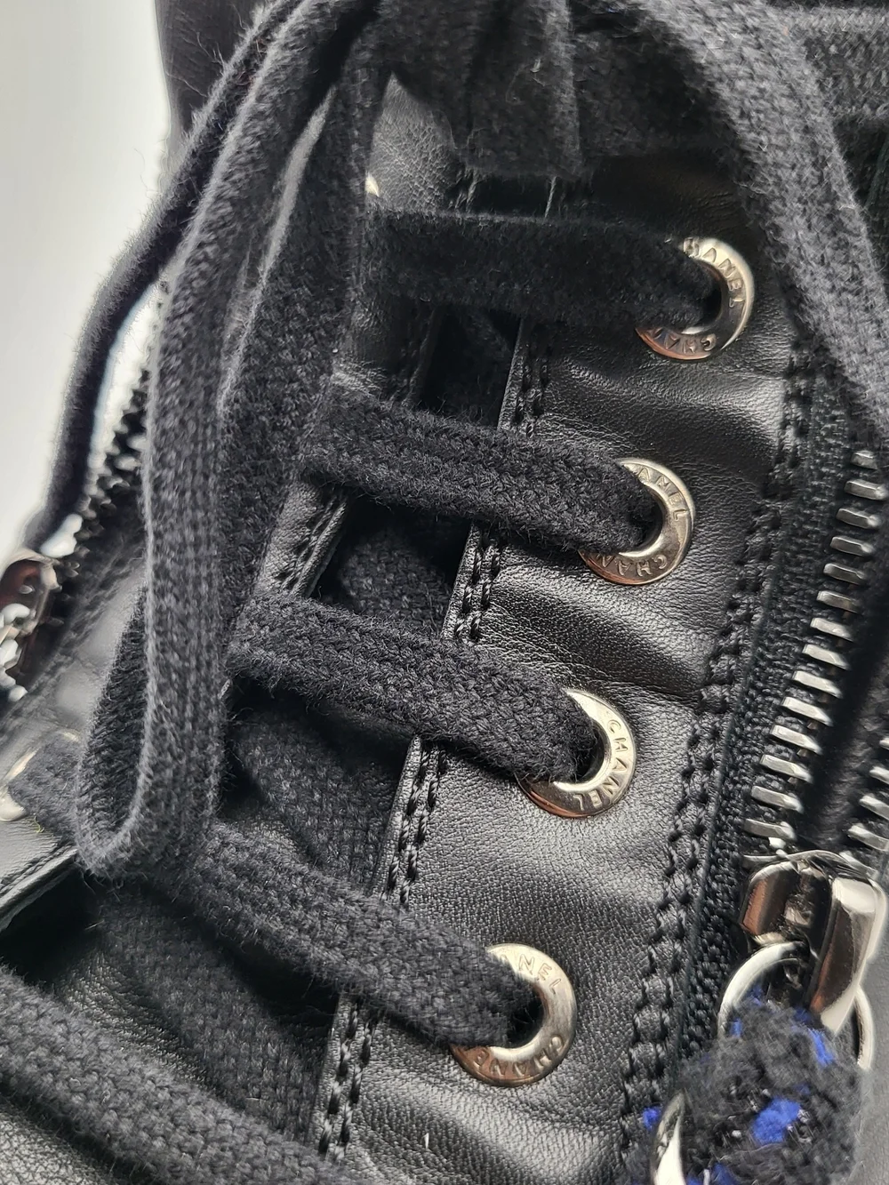 CHANEL LAMBSKIN LEATHER TWEED ZIPPED HI-TOP SNEAKERS 6.5. Authentic.